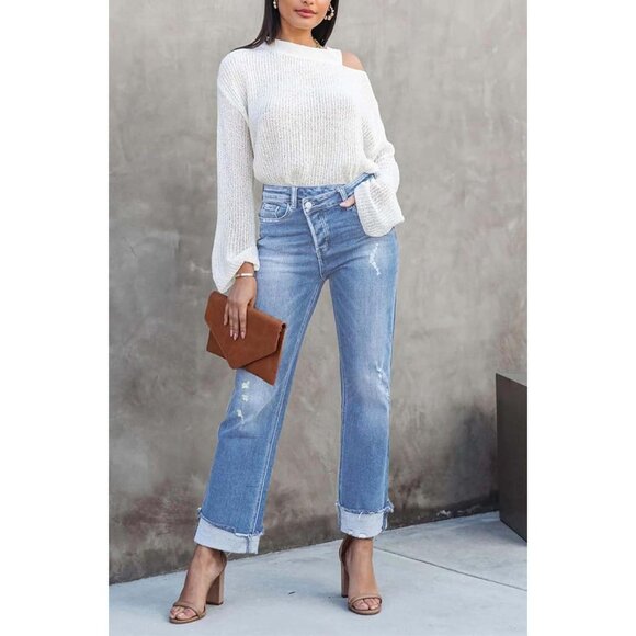 Womens High Waist Denim Cargo Pants Stretchy Wide Leg Flap Pockets - Picture 2 of 6